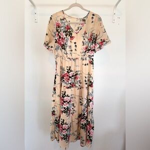SHEIN Beige Maxi Dress with Pink Rose Floral Print